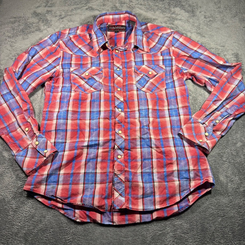 Rock and Roll Cowboy Mens Red Blue Plaid Western Snap Shirt B2S8121 Large
